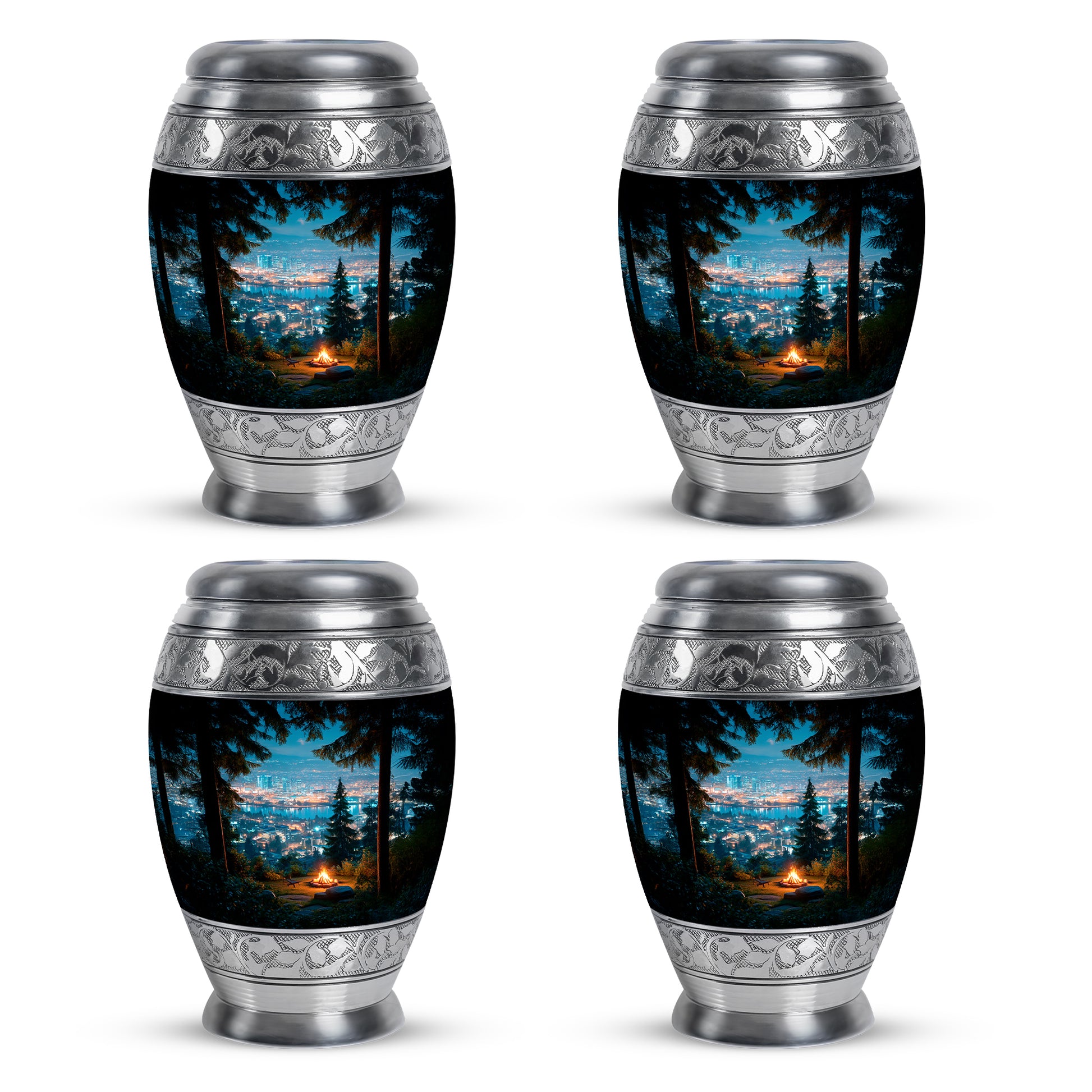 Steel Blue Campfire Cremation Urn urn with complimentary velvet bag - majestic campfire pattern with filigree border - 10 inch aluminum urn for cremated remains