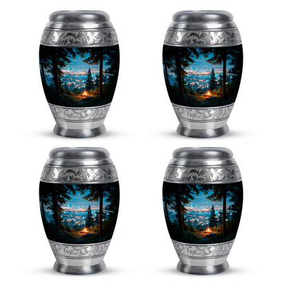Steel Blue Campfire Cremation Urn urn with complimentary velvet bag - majestic campfire pattern with filigree border - 10 inch aluminum urn for cremated remains