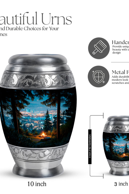 Misty Blue Campfire Cremation Urn lifestyle display on memorial shelf - regal campfire design with crown-inspired accents - mini keepsake memorial for portion of cremation ashes