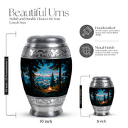 Misty Blue Campfire Cremation Urn lifestyle display on memorial shelf - regal campfire design with crown-inspired accents - mini keepsake memorial for portion of cremation ashes