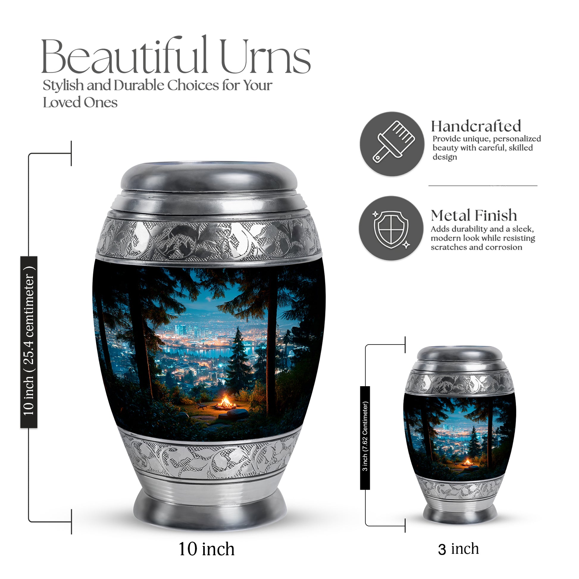 Misty Blue Campfire Cremation Urn lifestyle display on memorial shelf - regal campfire design with crown-inspired accents - mini keepsake memorial for portion of cremation ashes