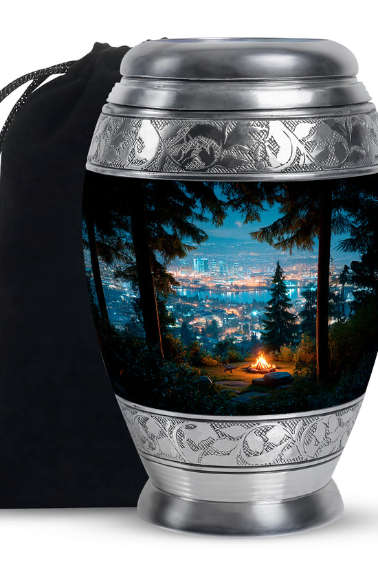 Icy Blue Campfire Cremation Urn back view with polished surface - ornate monarch-style campfire relief on brushed aluminum - full-size 10 inch 200 cubic inch adult cremation urn