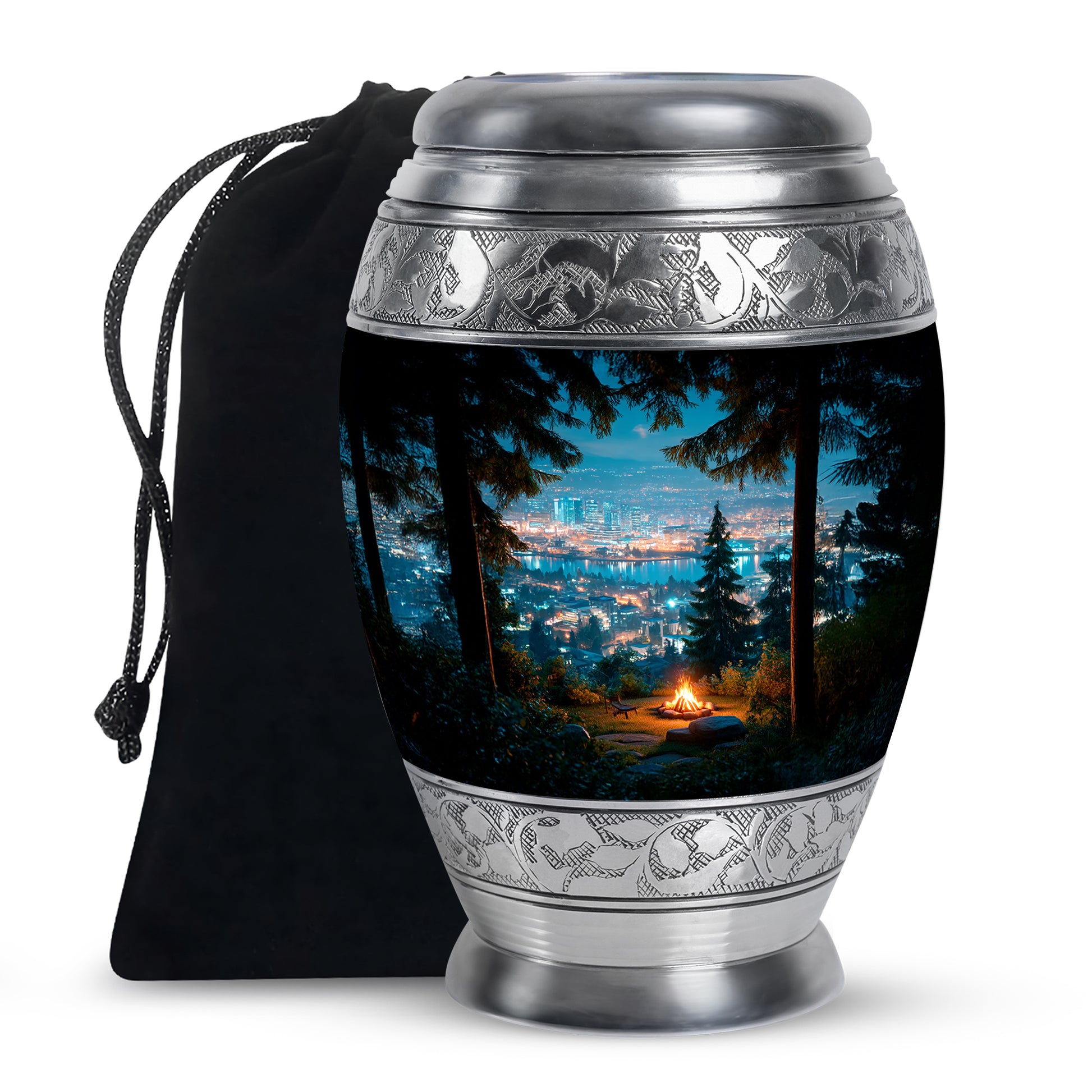 Icy Blue Campfire Cremation Urn back view with polished surface - ornate monarch-style campfire relief on brushed aluminum - full-size 10 inch 200 cubic inch adult cremation urn