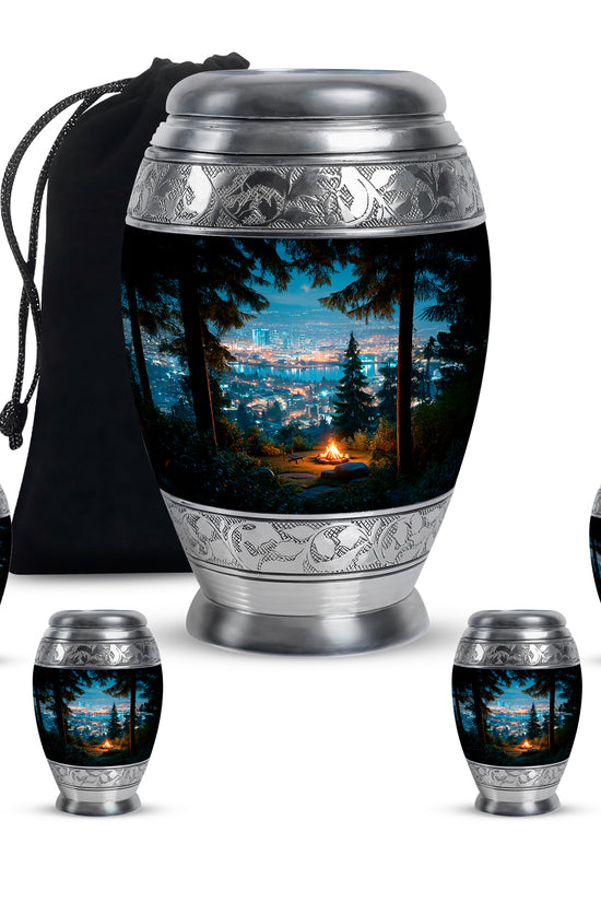 Celestial Blue Campfire Cremation Urn detail view - ornate monarch-style campfire relief on brushed aluminum - memorial set with one large and four small urns