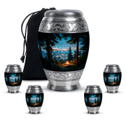 Celestial Blue Campfire Cremation Urn detail view - ornate monarch-style campfire relief on brushed aluminum - memorial set with one large and four small urns