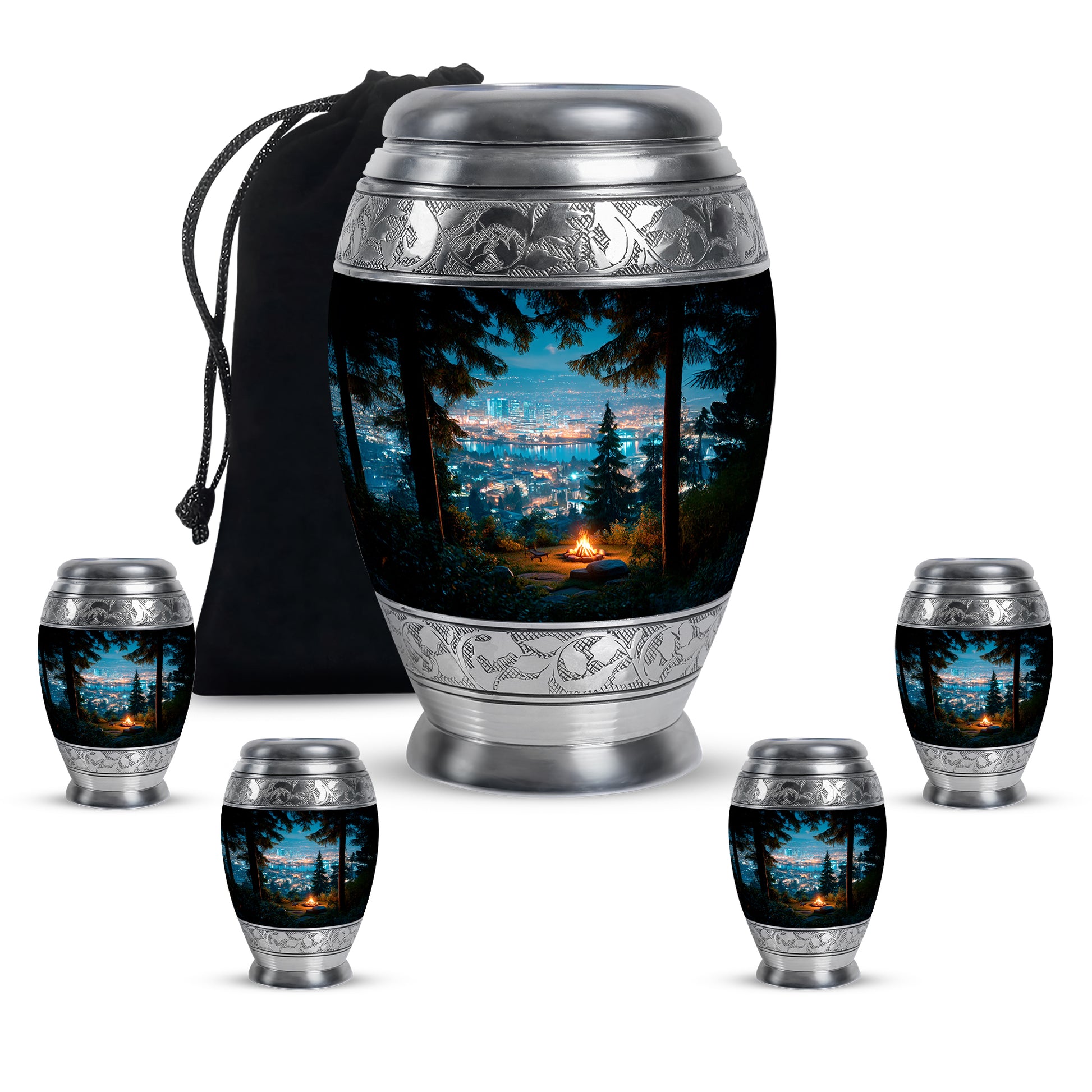 Celestial Blue Campfire Cremation Urn detail view - ornate monarch-style campfire relief on brushed aluminum - memorial set with one large and four small urns