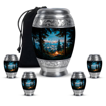 Celestial Blue Campfire Cremation Urn detail view - ornate monarch-style campfire relief on brushed aluminum - memorial set with one large and four small urns
