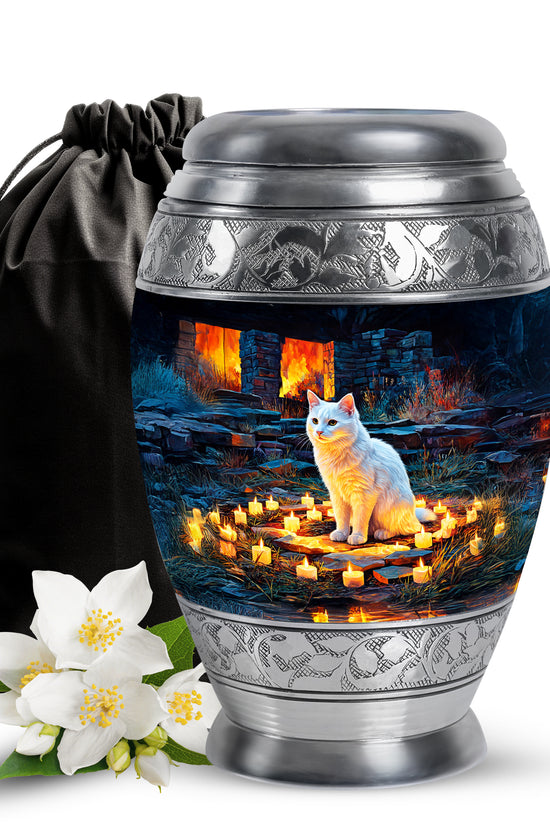 White Cat Cremation Urn - Black Aluminium Funeral Urn For Pet Ashes