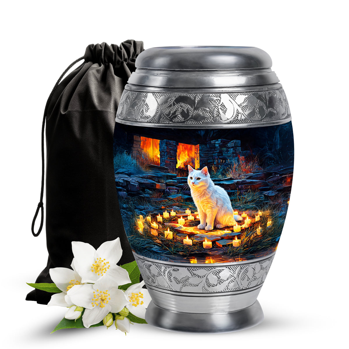 White Cat Cremation Urn - Black Aluminium Funeral Urn For Pet Ashes