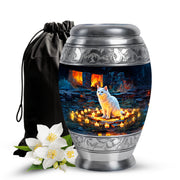 White Cat Cremation Urn - Black Aluminium Funeral Urn For Pet Ashes