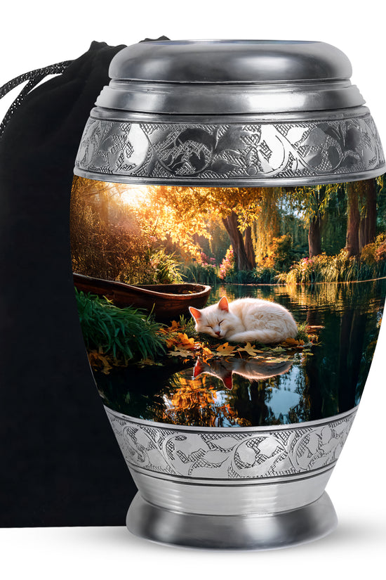 White Cat Theme Memorial Urn - Large Funeral Urn For Ashes