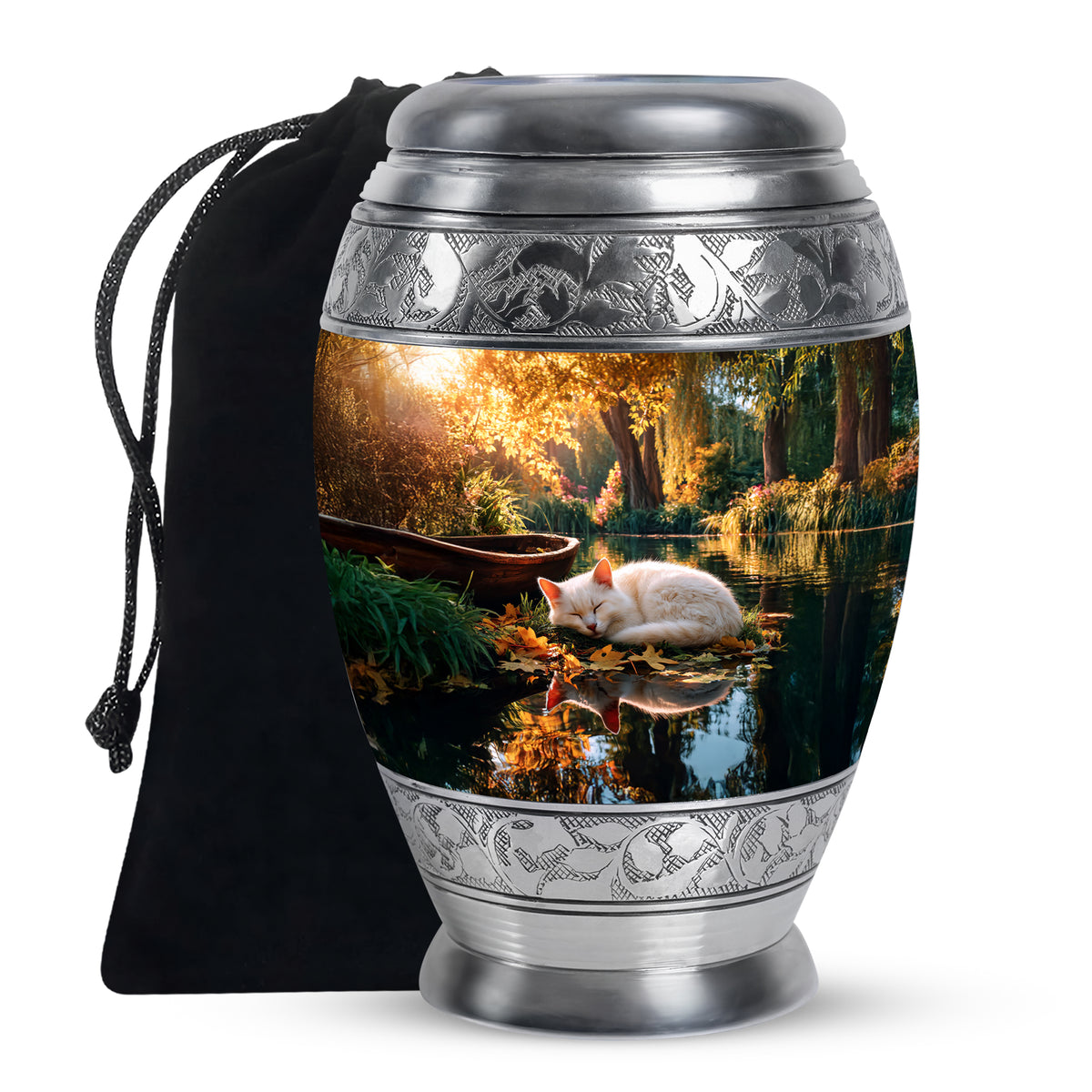 White Cat Theme Memorial Urn - Large Funeral Urn For Ashes
