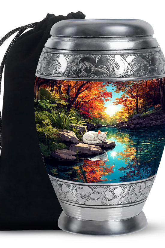 White Cat Theme Funeral Urn - Artistic Memorial Urn For Pet Ashes