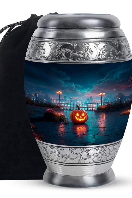 Urban Night Pumpkin Memorial Urn - Unique Funeral Urn For Human Ashes