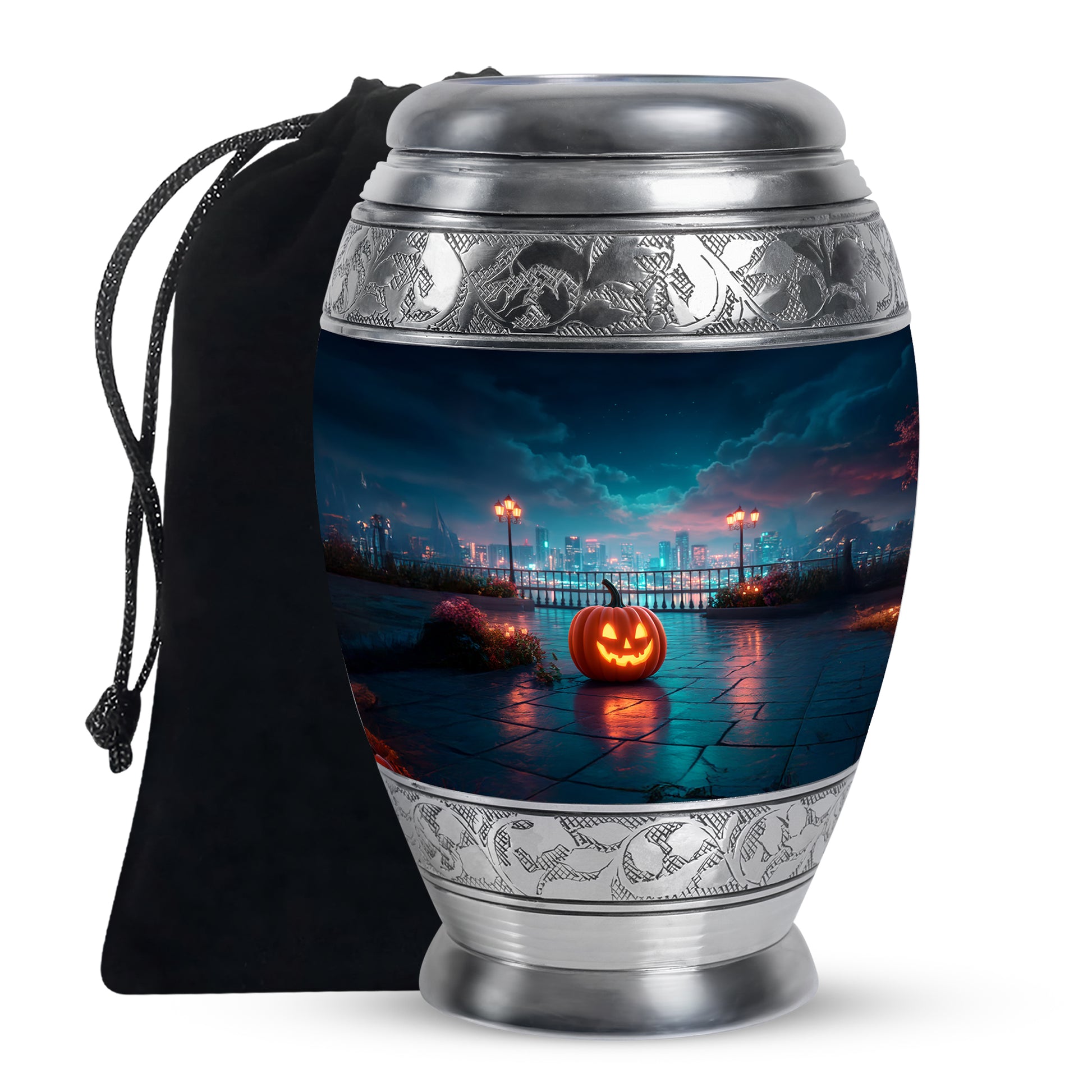 Urban Night Pumpkin Memorial Urn - Unique Funeral Urn For Human Ashes