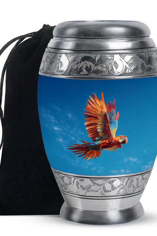 Orange Parrot Memorial Urn - Large Aluminium Cremation Urn For Ashes