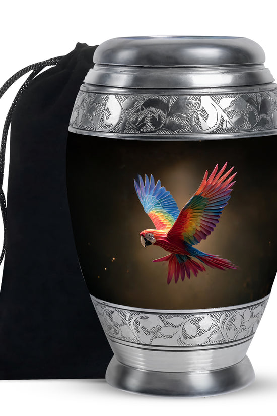 Colourful Parrot Funeral Urn - Black Aluminium Memorial Urn For Adult Ashes