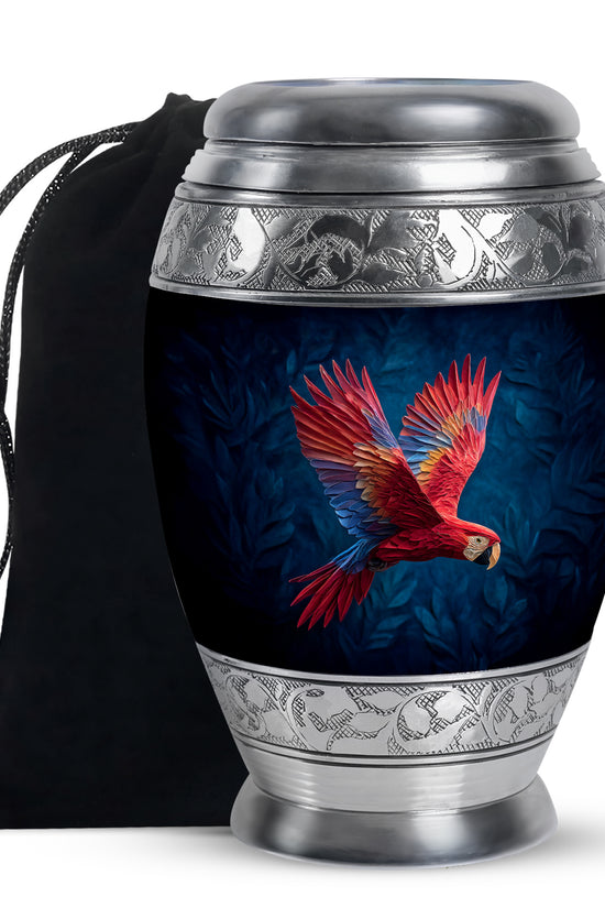 Red Parrot Memorial Urn - Beautiful Aluminium Funeral Urn For Ashes