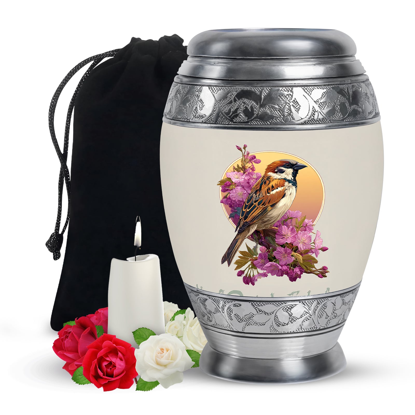 Floral Sparrow Memorial Urn - Floral Memorial Urn for Male & Female
