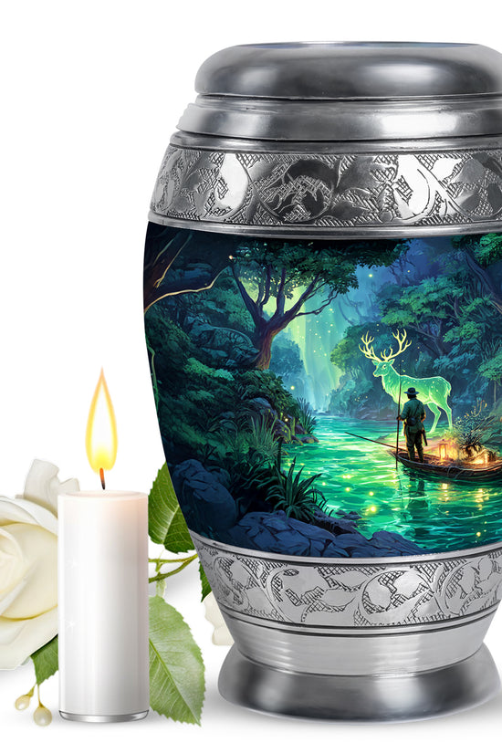 Serene Forest River Deer Memorial Urn - Fisherman Memorial Urn For Adult Ashes