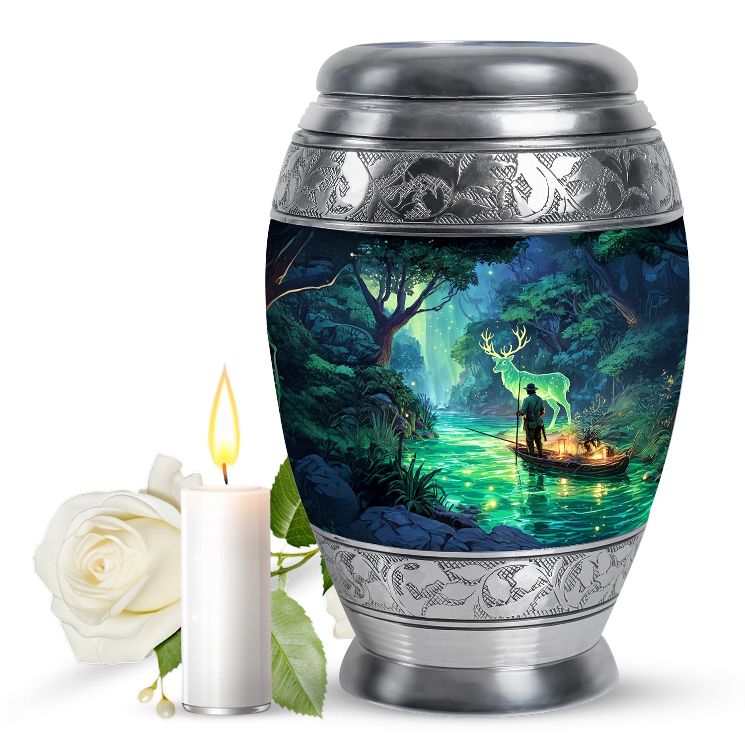 Serene Forest River Deer Memorial Urn - Fisherman Memorial Urn For Adult Ashes