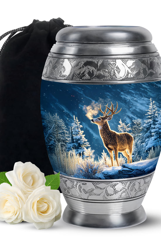 Winter Wildlife Deer Theme Funeral Urn - Aluminium Memorial Urn For Burial