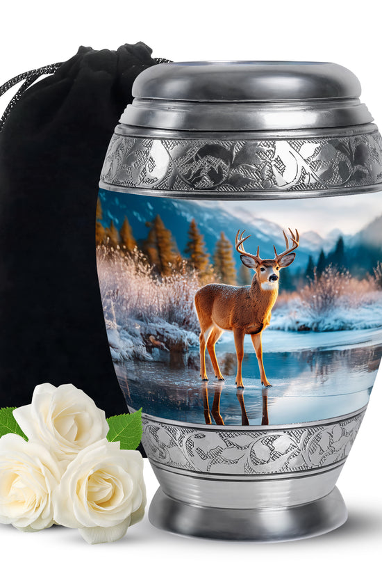 Nature Deer Funeral Urn - Winter Frozen Lake Memorial Urn For Loved Ones
