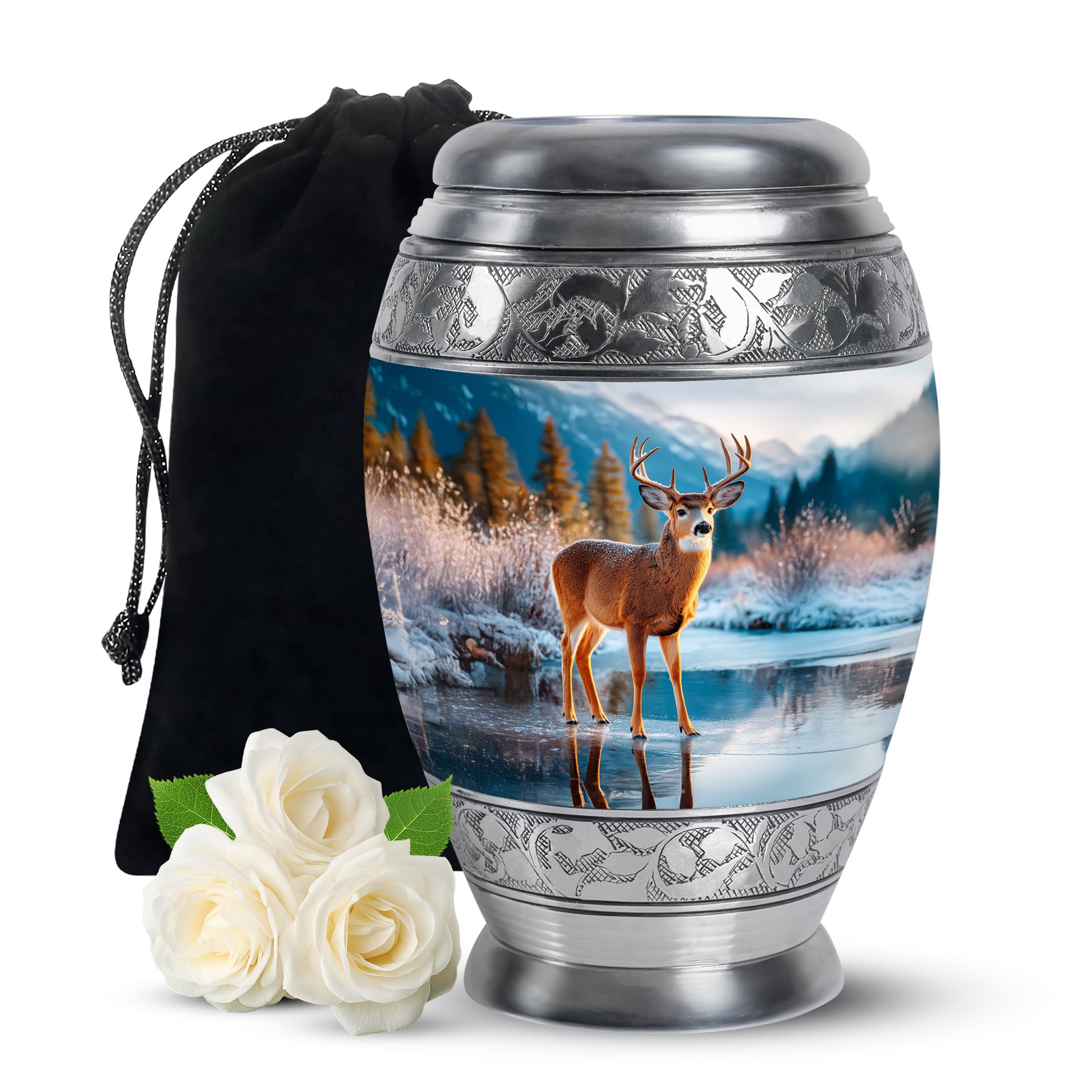 Nature Deer Funeral Urn - Winter Frozen Lake Memorial Urn For Loved Ones