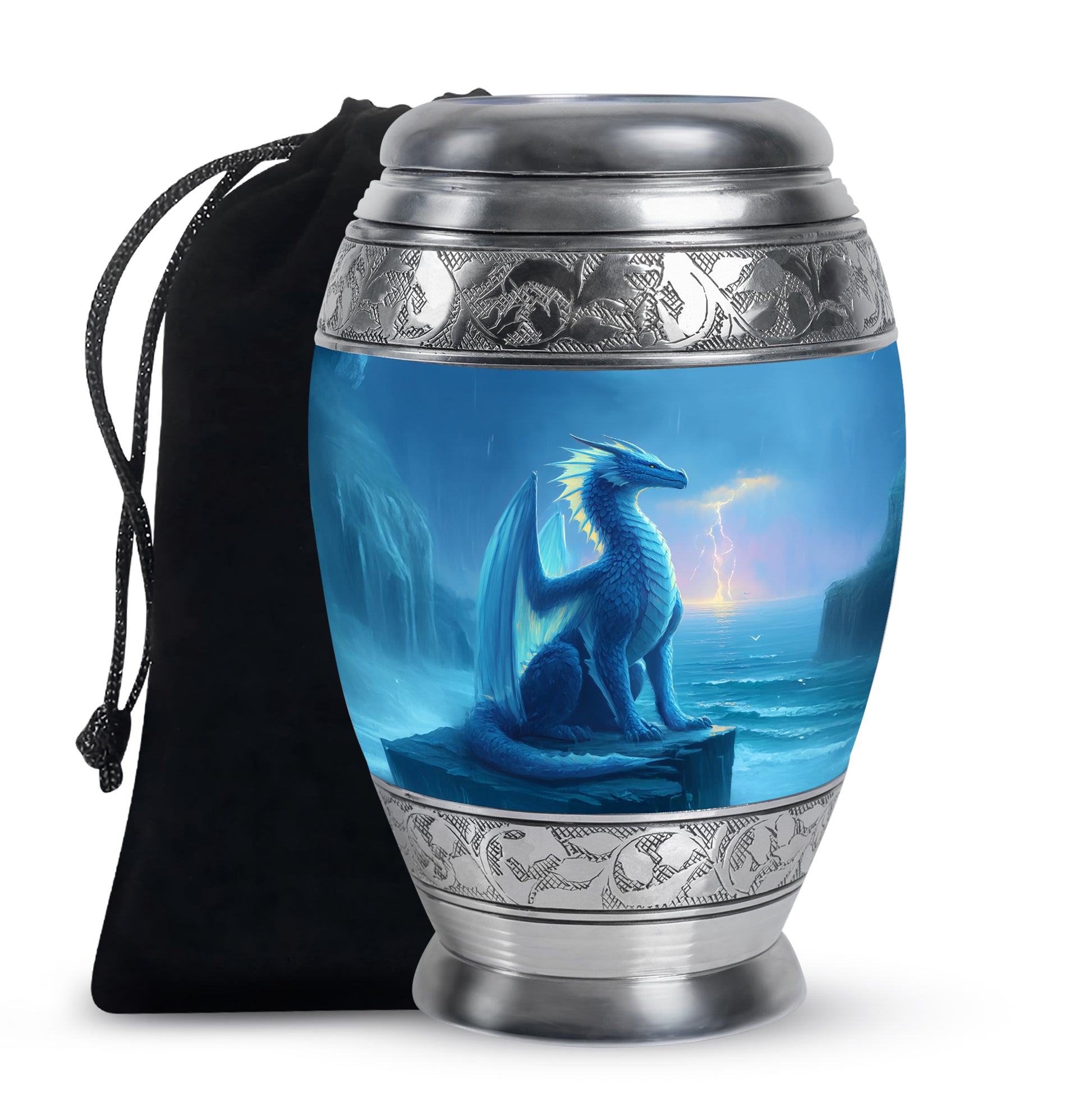 Blue Dragon Cremation Urn - Blue Aluminium Funeral Urn For Ashes