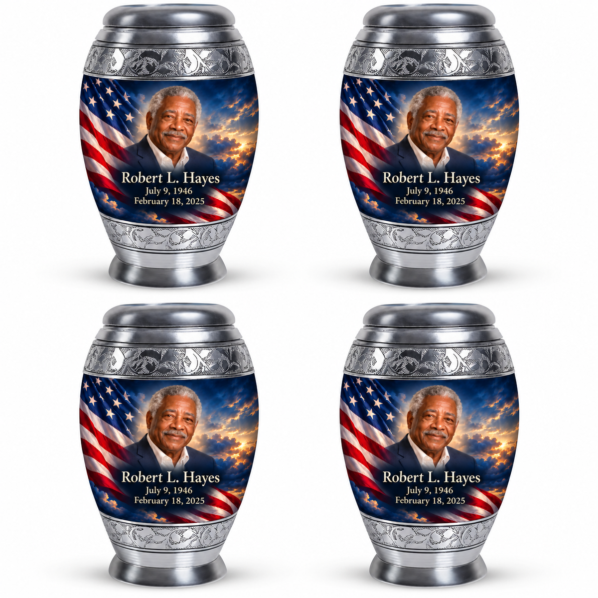 Personalized American flag Monar urn, 4 Keepsake 3 inch Urns; sample portrait and memorial text