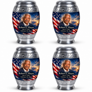 Personalized American flag Monar urn, 4 Keepsake 3 inch Urns; sample portrait and memorial text
