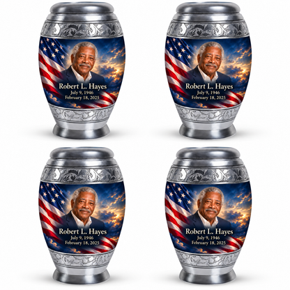 Personalized American flag Monar urn, 4 Keepsake 3 inch Urns; sample portrait and memorial text