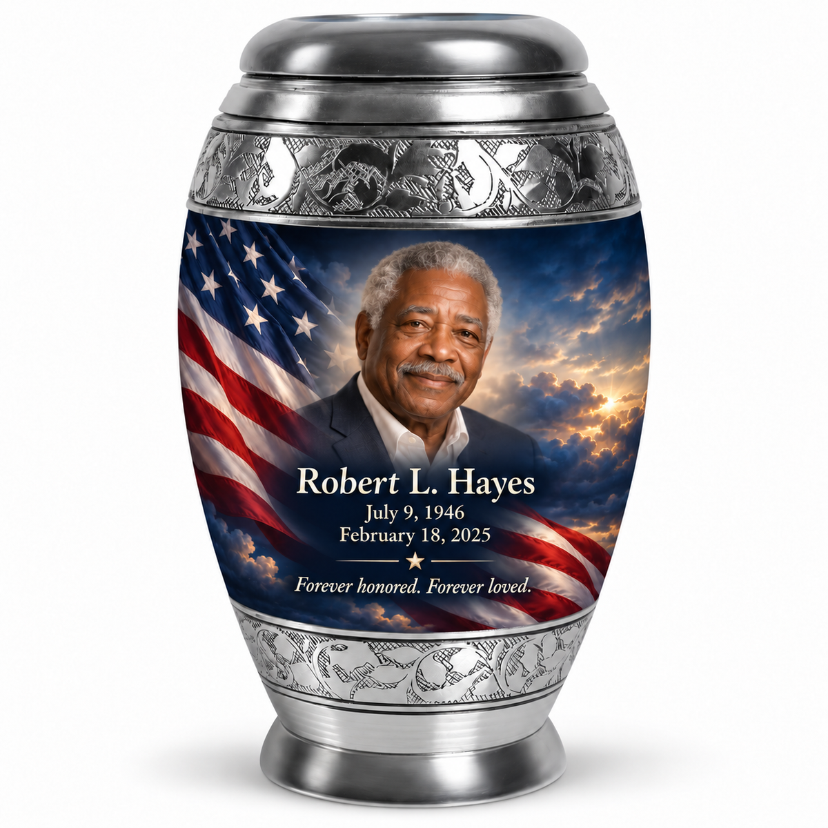 Personalized American flag Monar urn, 10 inch large Urn; sample portrait and memorial text