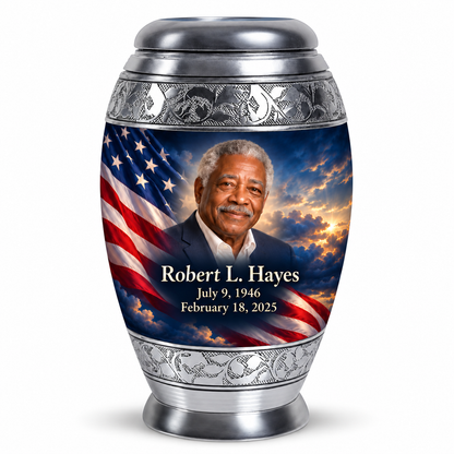 Personalized American flag Monar urn, 1 Keepsake 3 inch Urn; sample portrait and memorial text