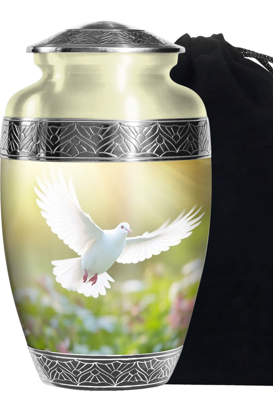 Peaceful White Dove Cremation Urn - Golden Memorial Urn For Human Ashes
