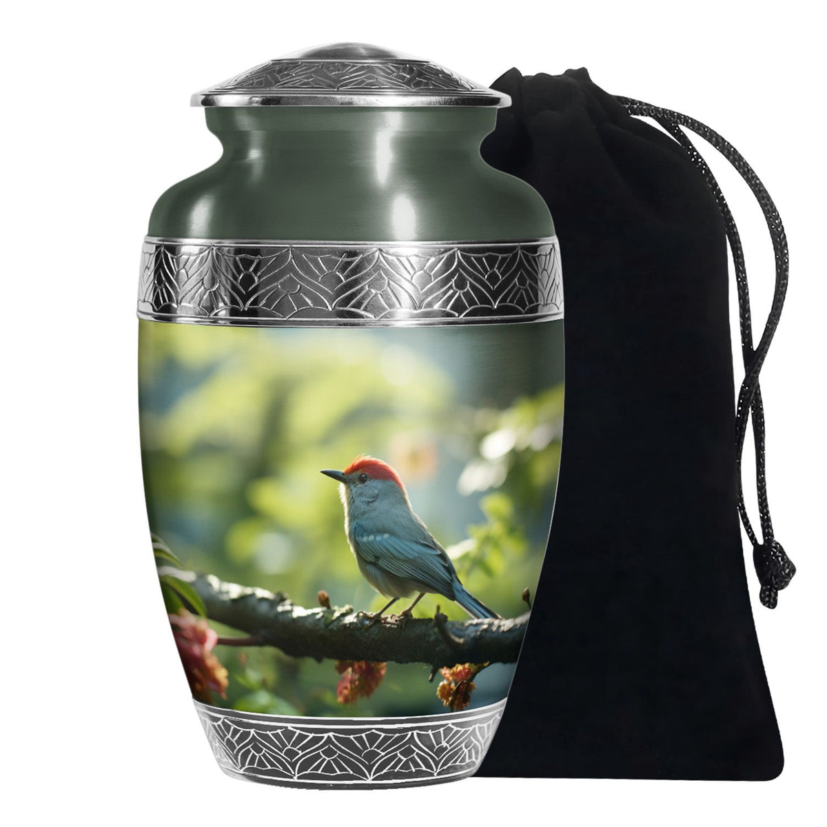 Green Sparrow Bird Memorial Urn - Large Funeral Urn For Human Ashes
