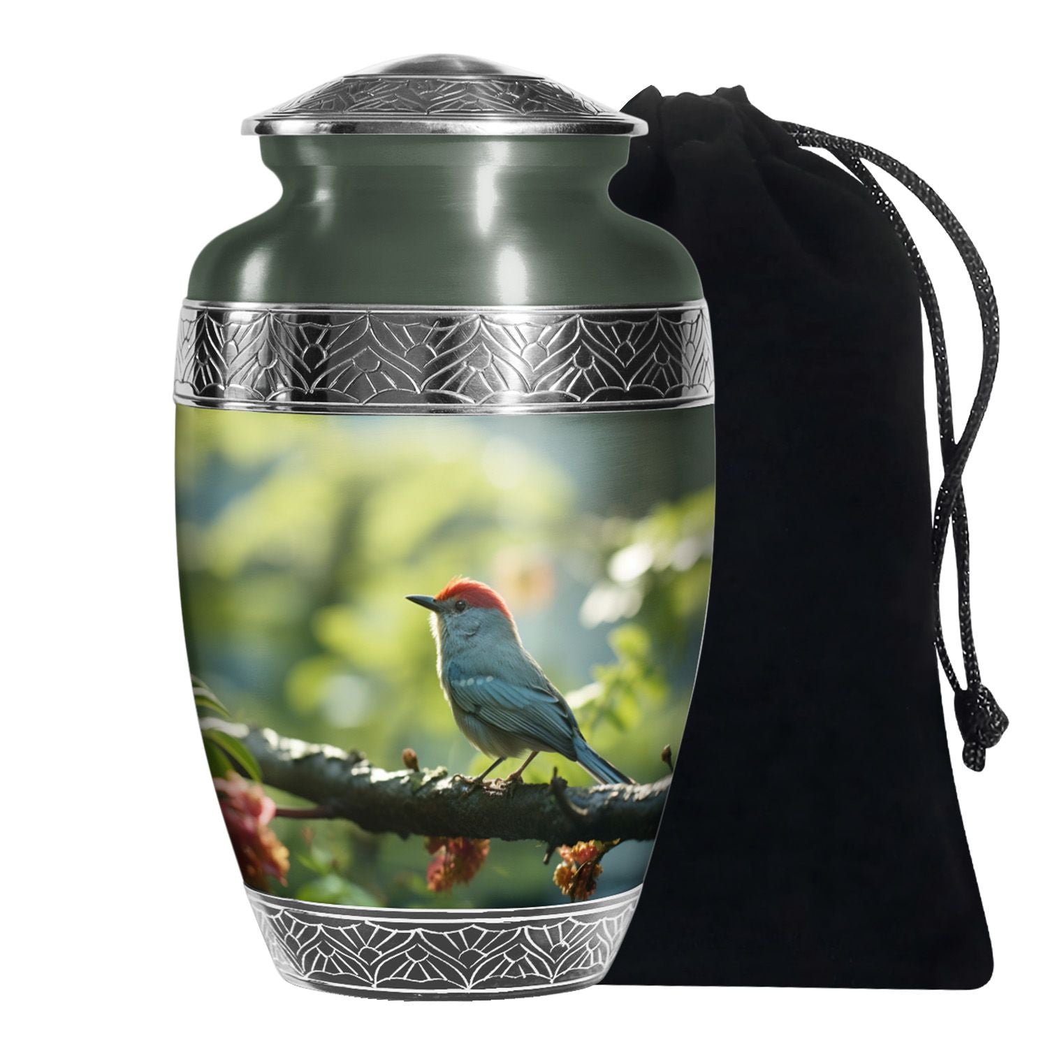 Green Sparrow Bird Memorial Urn - Large Funeral Urn For Human Ashes