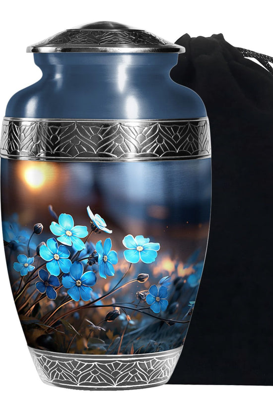Blue Flower Large Cremation Urn - Memorial Urn For Adult Ashes