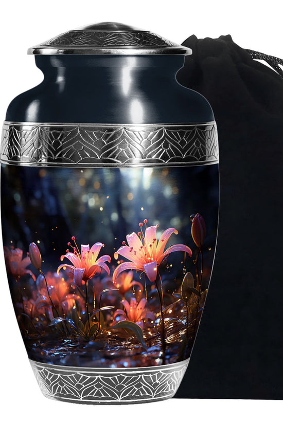 White Lily Cremation Aluminum Urn - Large Funeral Urn For Ashes