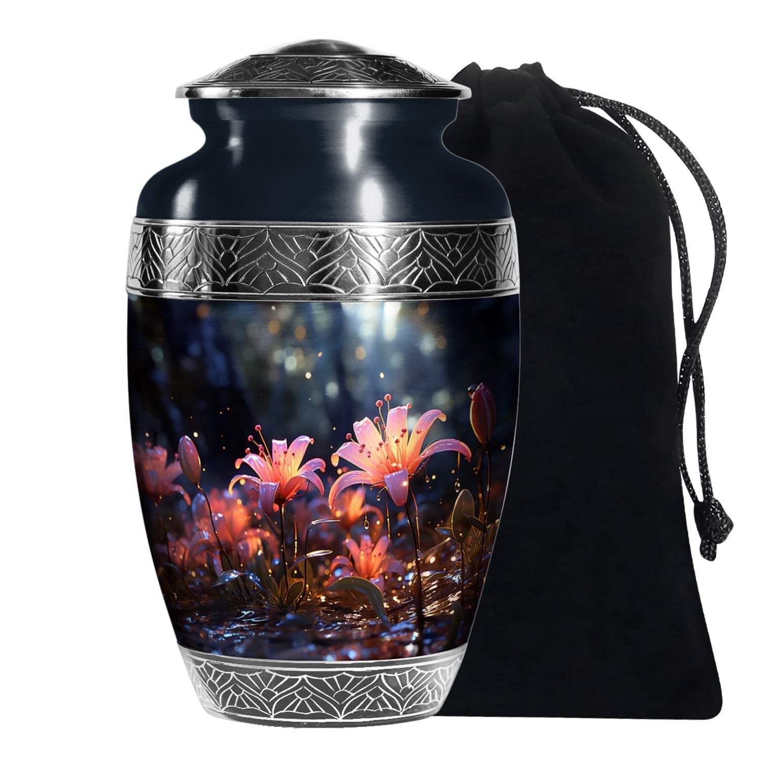 White Lily Cremation Aluminum Urn - Large Funeral Urn For Ashes