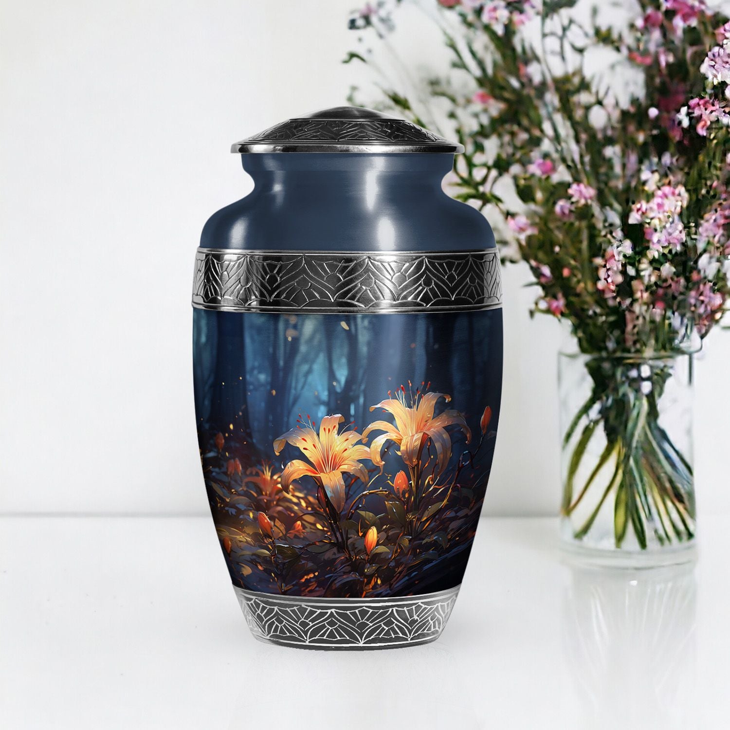 Lily Flower Large Urn For Ashes - Decorative Aluminium Memorial Urn