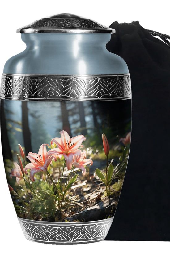 Pink Lily Aluminium Urn For Ashes - Large Floral Memorial Urn