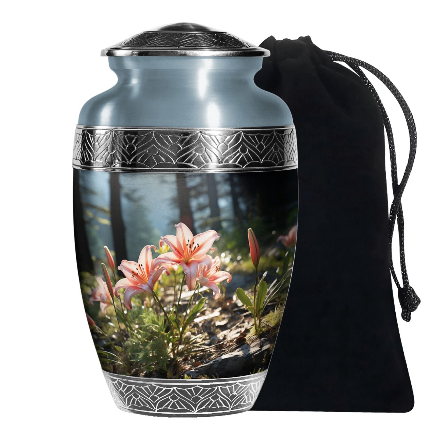 Pink Lily Aluminium Urn For Ashes - Large Floral Memorial Urn