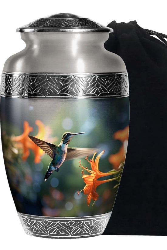 Floral Hummingbird Memorial Urn - Aluminium Cremation Urn For Adult Ashes