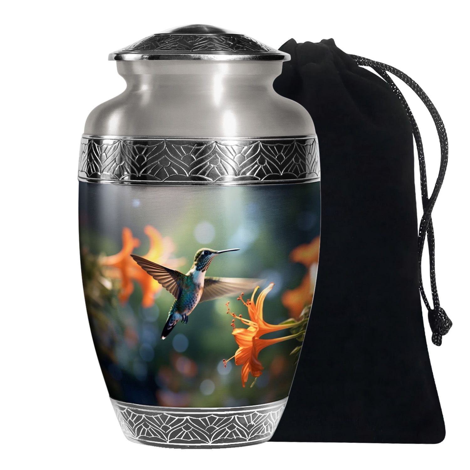 Floral Hummingbird Memorial Urn - Aluminium Cremation Urn For Adult Ashes