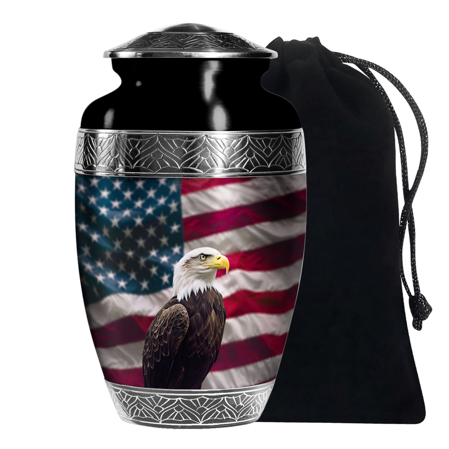 Cremation urn with American flag and bald eagle design, accompanied by a black drawstring bag.