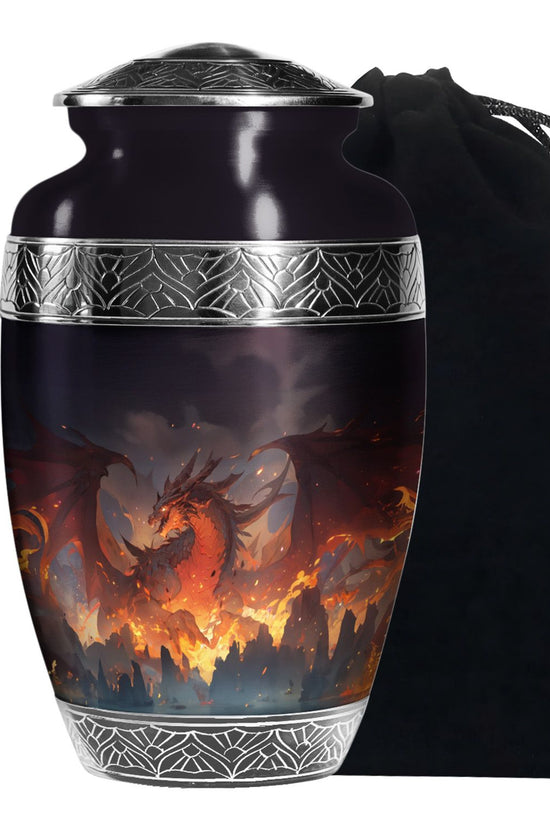 Mystic Fire Dragon Funeral Urn For Ashes - Red And Gold Burial Urn