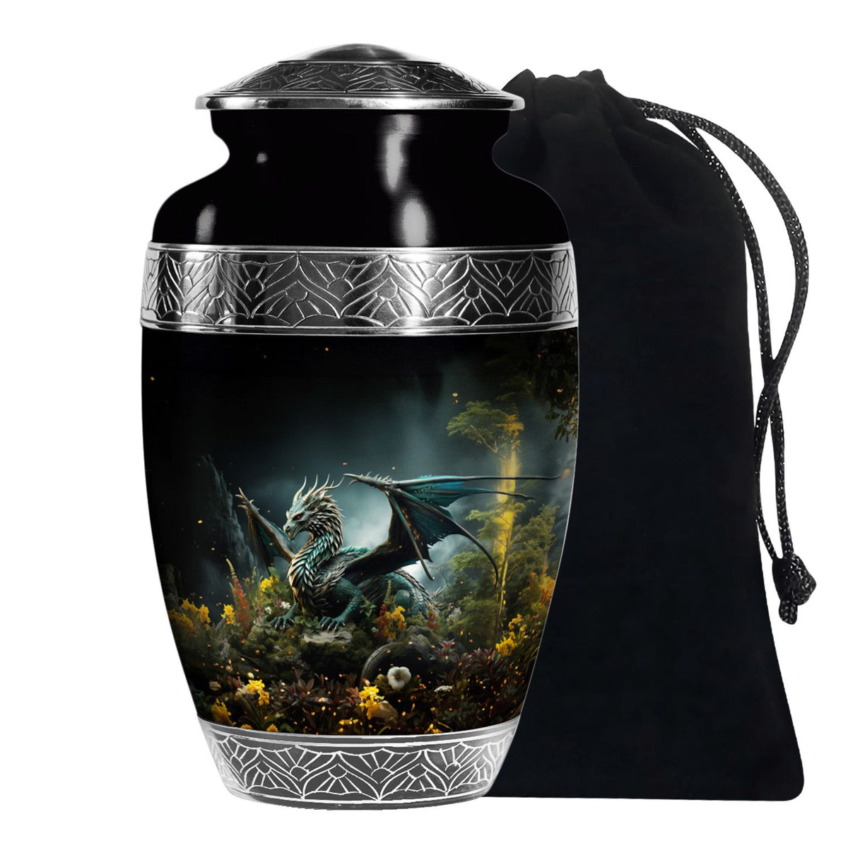 Black Dragon Theme Funeral Urn - Black Aluminium Cremation Urn For Loved Ones