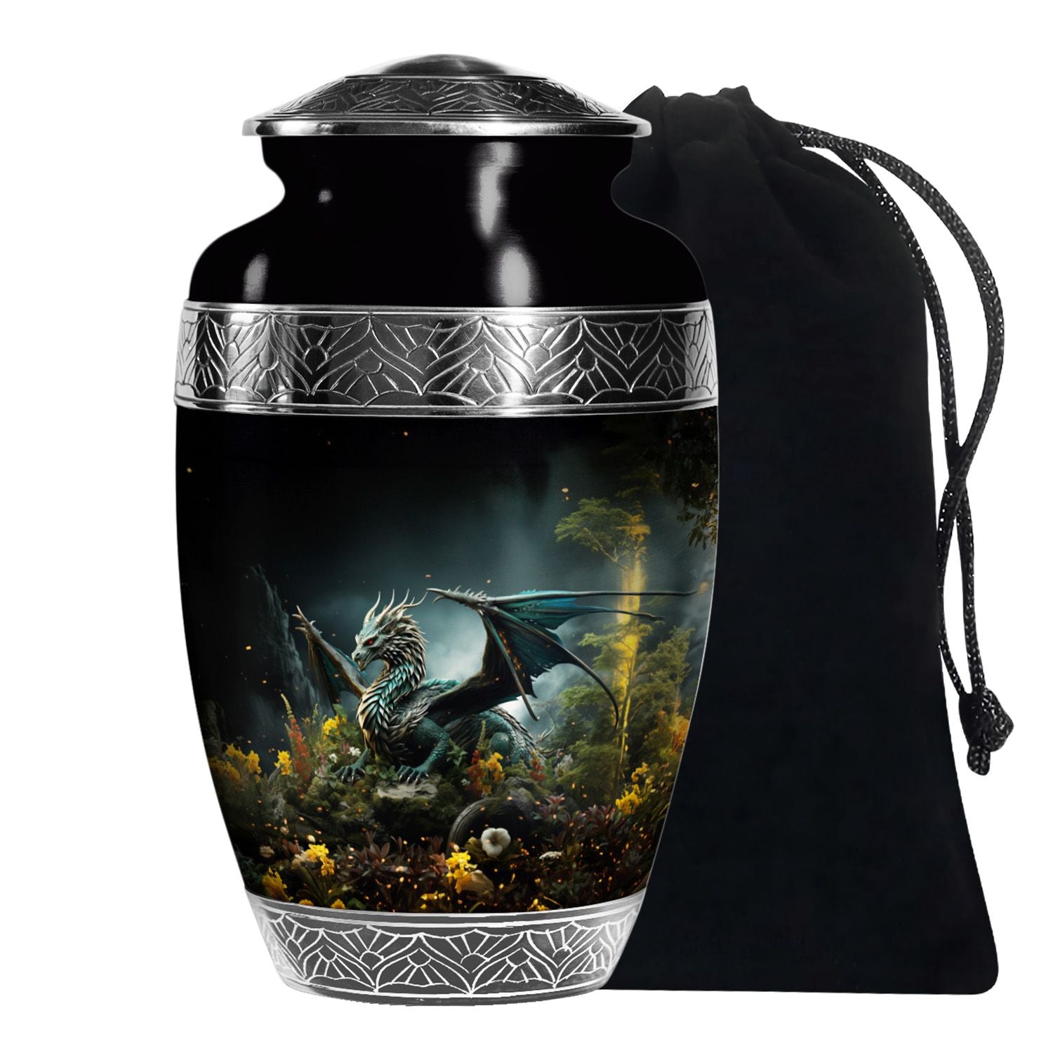 Black Dragon Theme Funeral Urn - Black Aluminium Cremation Urn For Loved Ones