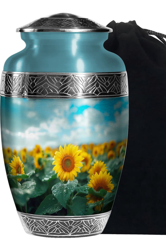 Sunflower Garden Funeral Urn - Blue Aluminum Urn For Adult Ashes